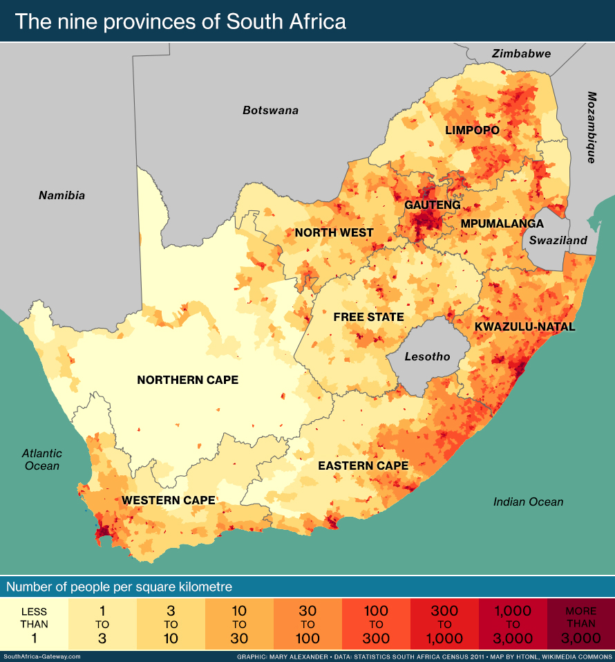 Map showing population density in South Africa's nine provinces.