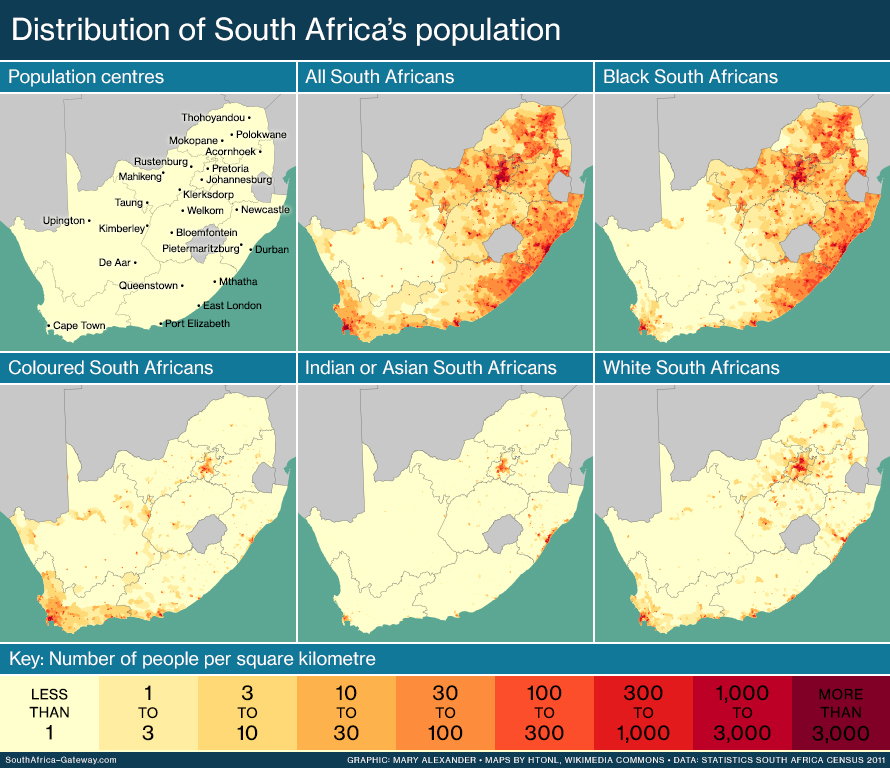 Map showing the distribution of South Africa's population, as well as the population distribution of black, coloured, Indian and white South Africans.