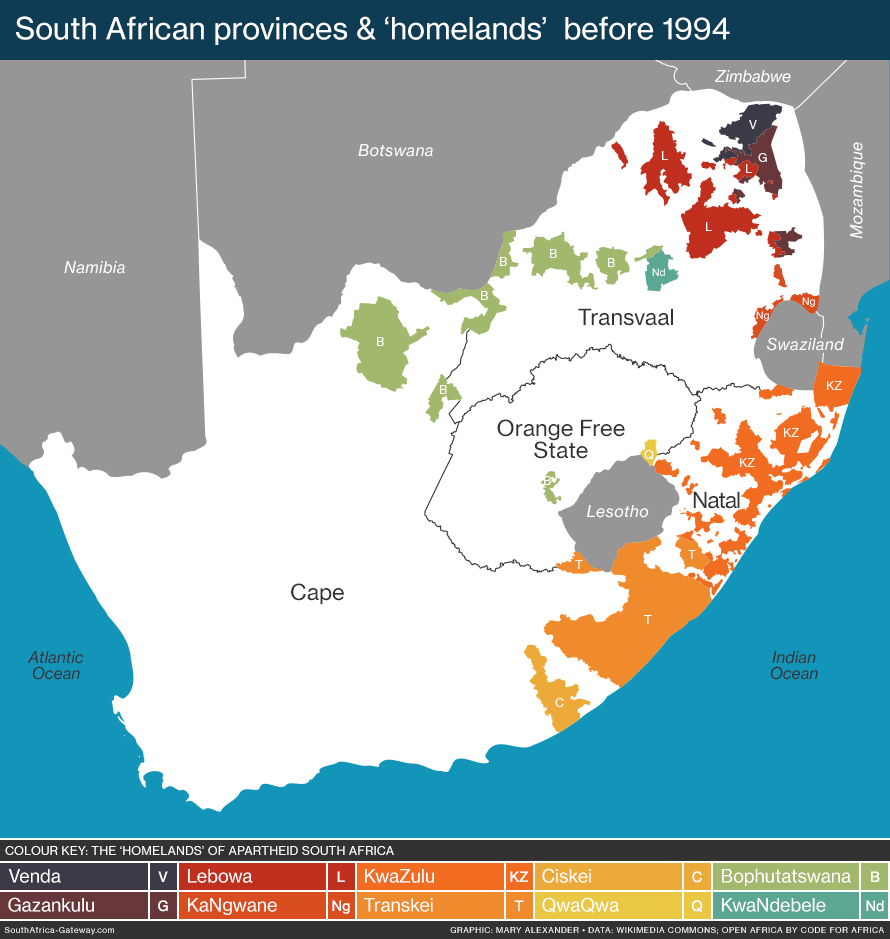 A map of South Africa before 1994, showing the 10 spurious "homelands" established for black South Africans under the policy of apartheid. From the article "South Africa's nine provinces" on www.southafrica-info.com