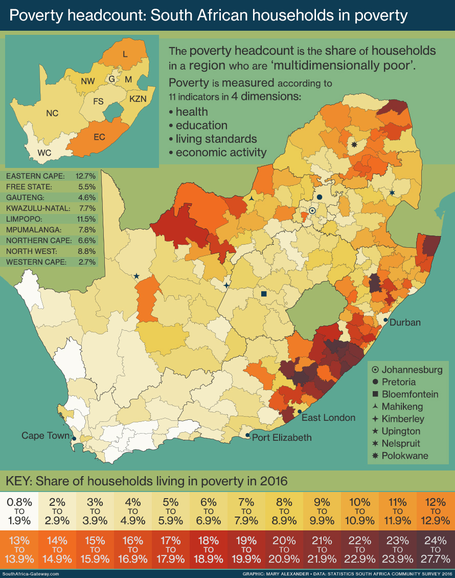 Map of South Africa showing the percentage of housholds living in poverty in each municipality, according to data from the Statistics South Africa Community Survey 2016.
