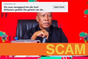 The lazy social media clickbait reuses the same wording, in Afrikaans, teasing “shocking” news about local celebrities – politician Julius Malema, cricketer AB de Villiers, actor Pearl Thusi and more.