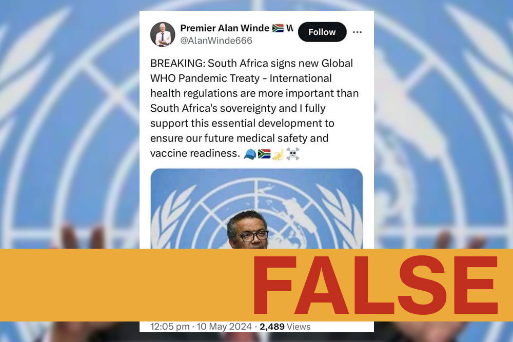 South Africa hasn’t signed WHO pandemic treaty – X post from parody account and treaty remains a draft