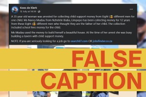 An unrelated photo was used to claim a woman had been collecting child support from eight different men for the same child over 12 years. But it was all made up as clickbait for job scam websites.