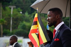 National Unity Platform presidential candidate Bobi Wine speaks at an election rally in November 2024.